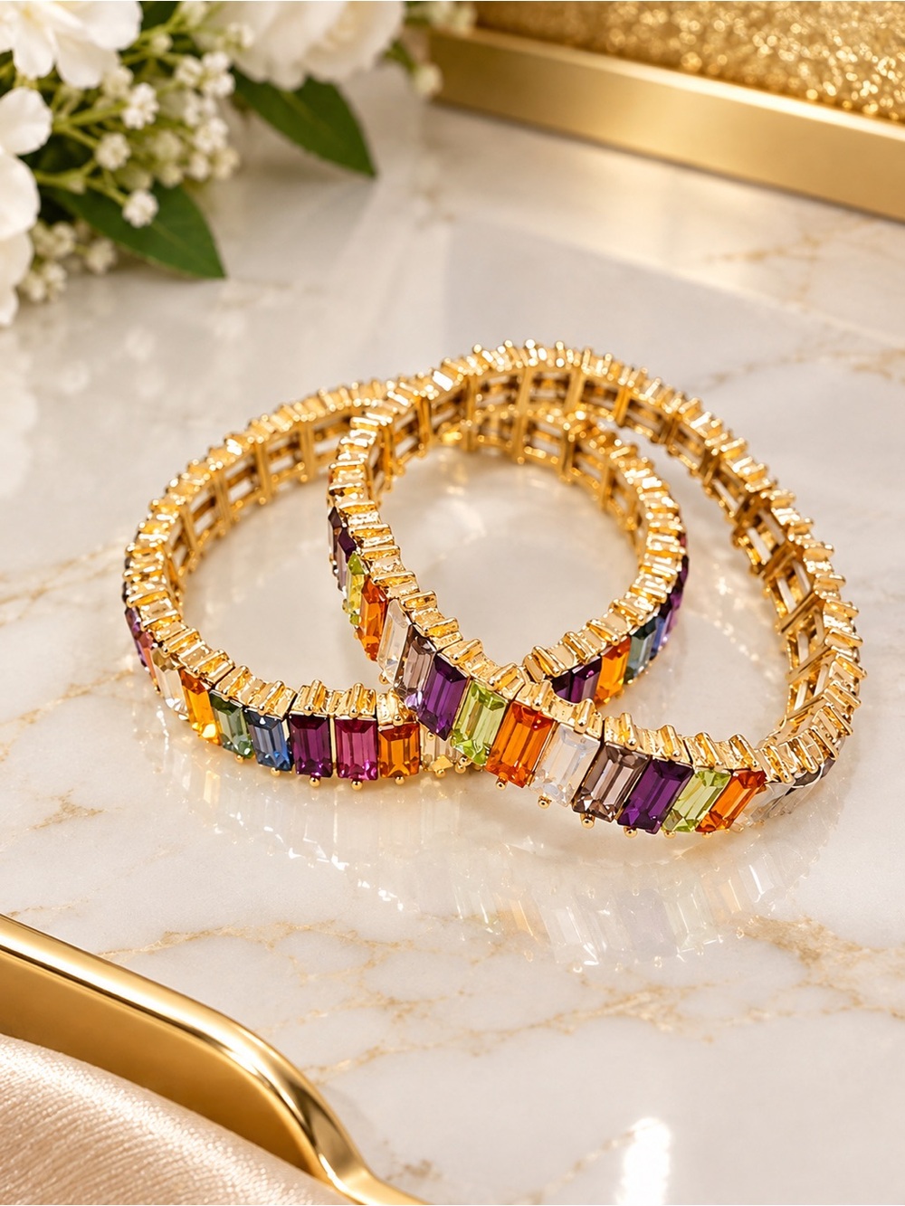 Gold Multicolor Crystal Bangle Bracelet - Women Jewelry